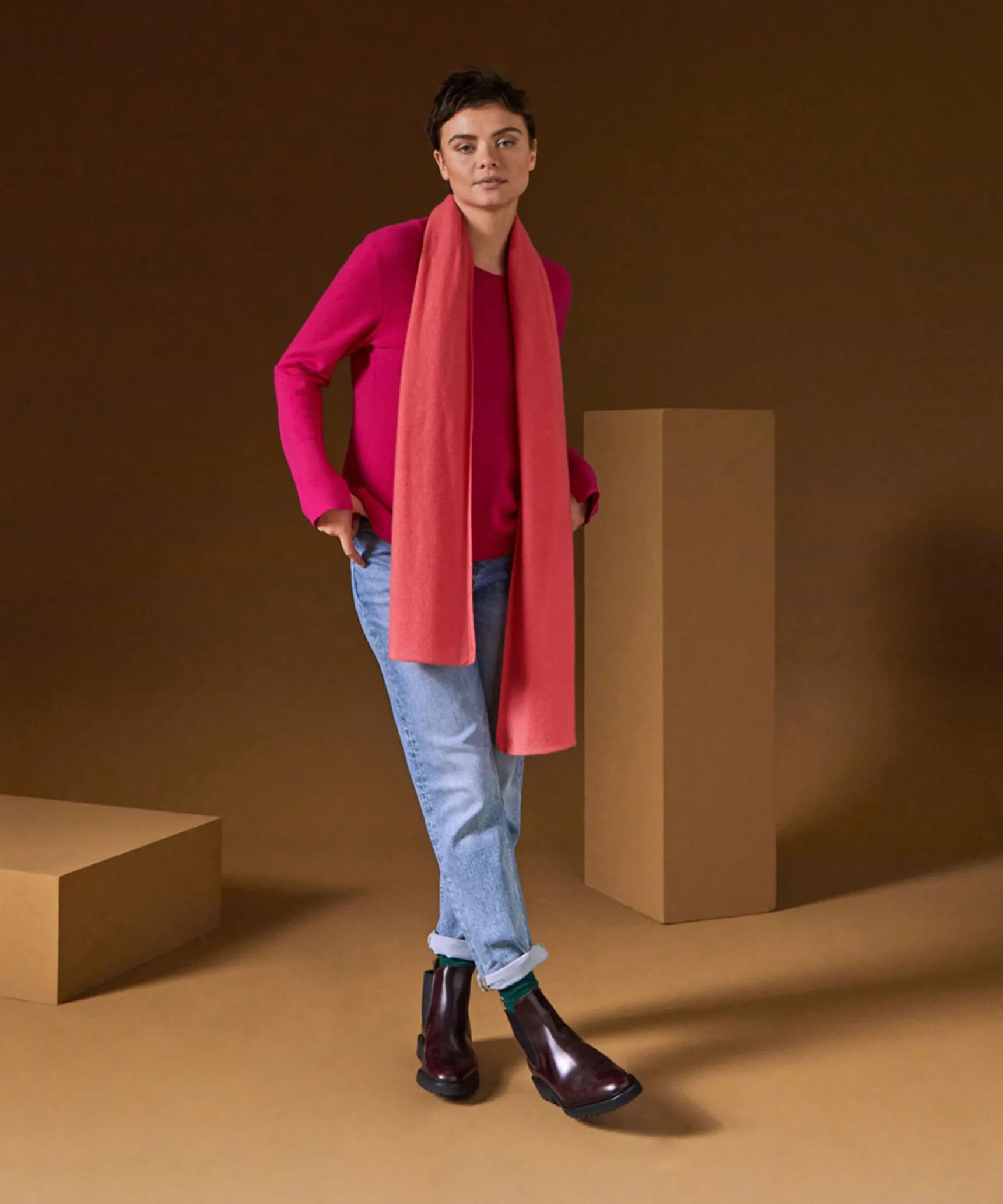 Hot Rodier Pull col rond en cachemire rose tonique