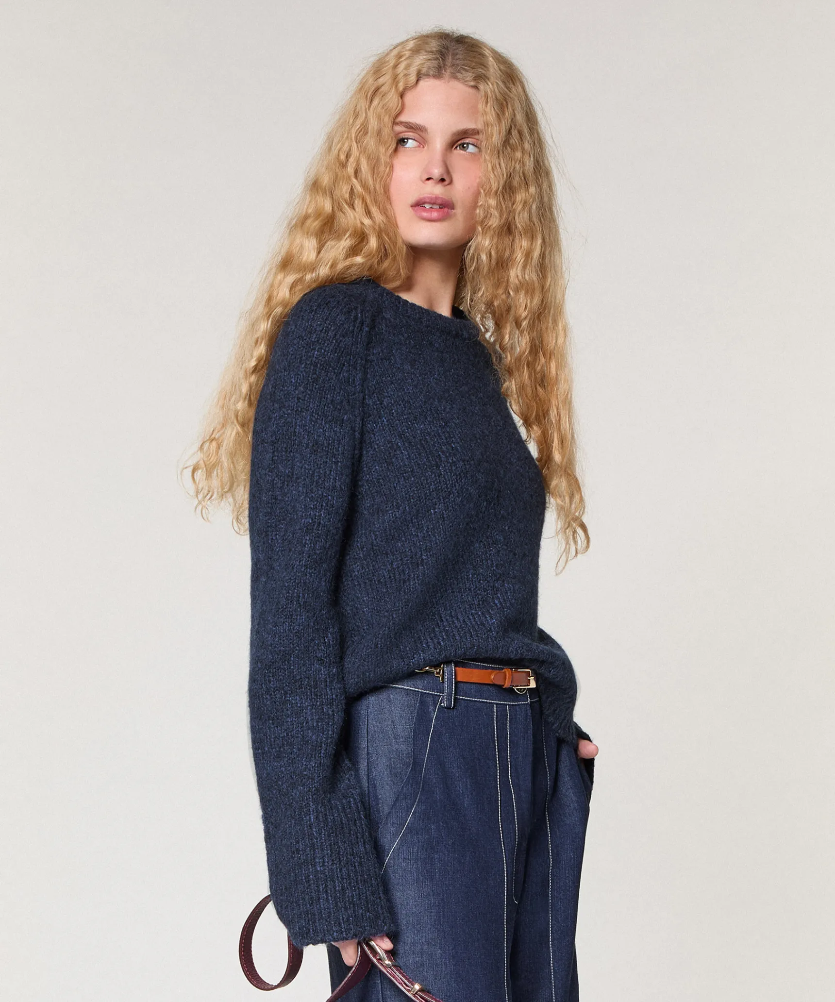 New Rodier Pull col rond en grosse maille chiné bleu marine