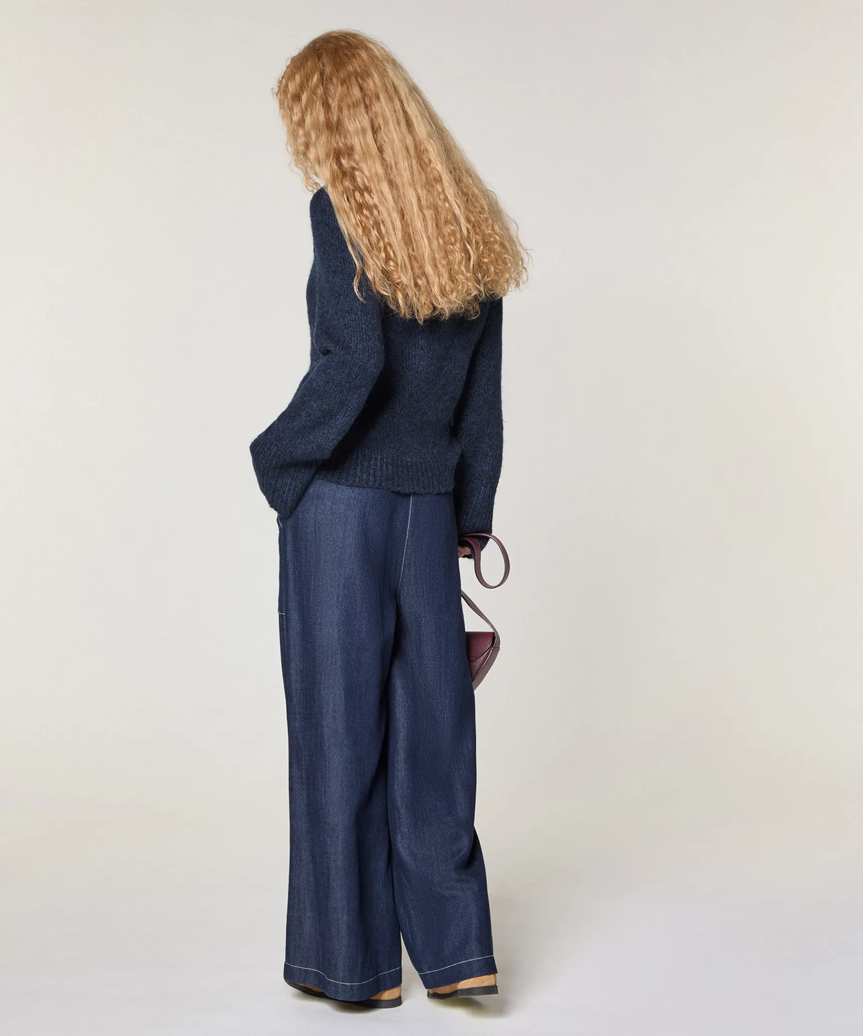 New Rodier Pull col rond en grosse maille chiné bleu marine