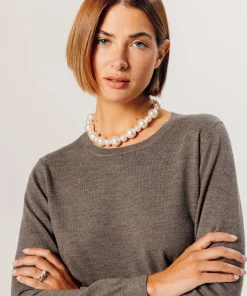 Clearance Rodier Pull col rond en laine mérinos marron taupe