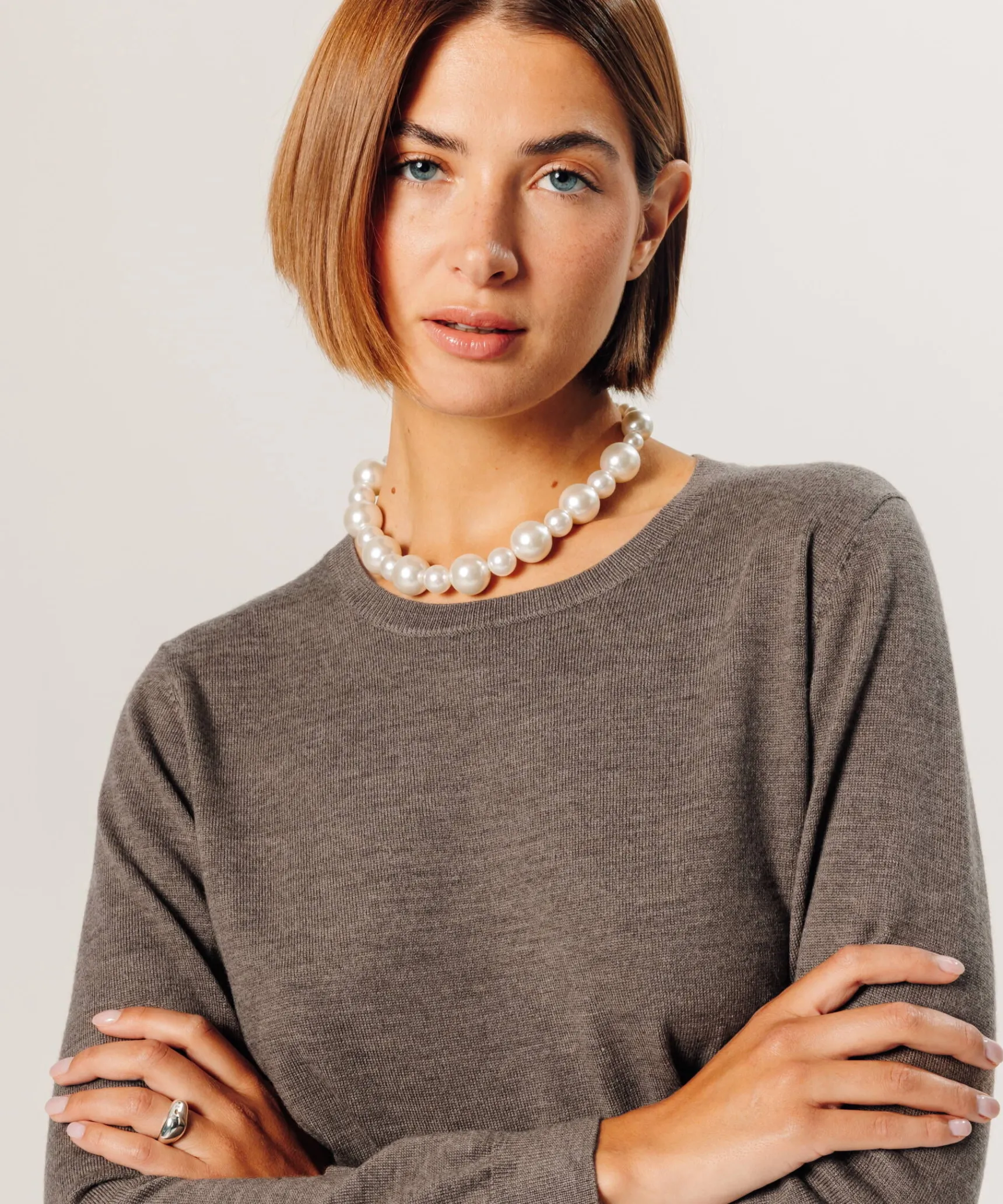Clearance Rodier Pull col rond en laine mérinos marron taupe