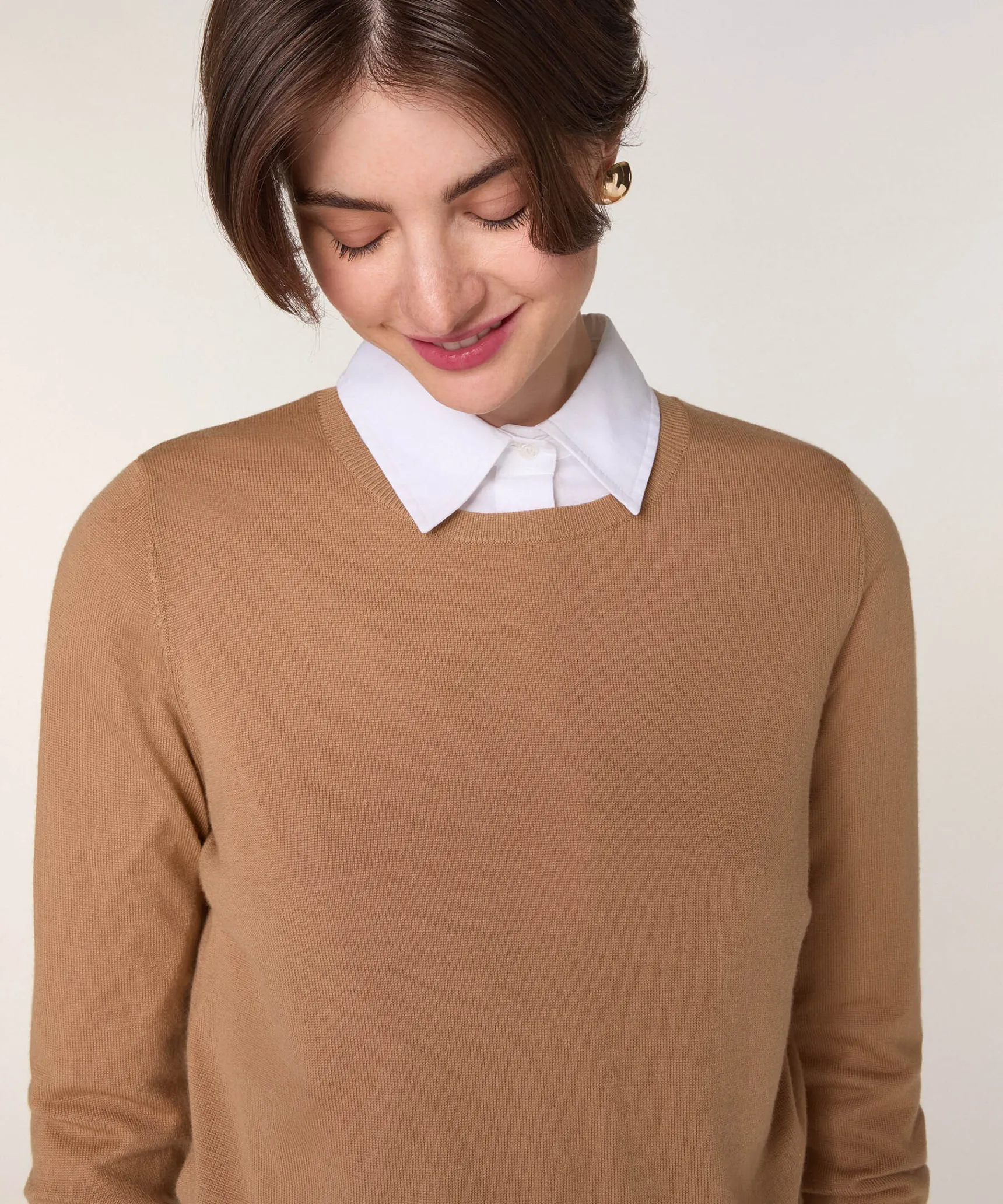 New Rodier Pull col rond en laine mérinos marron camel