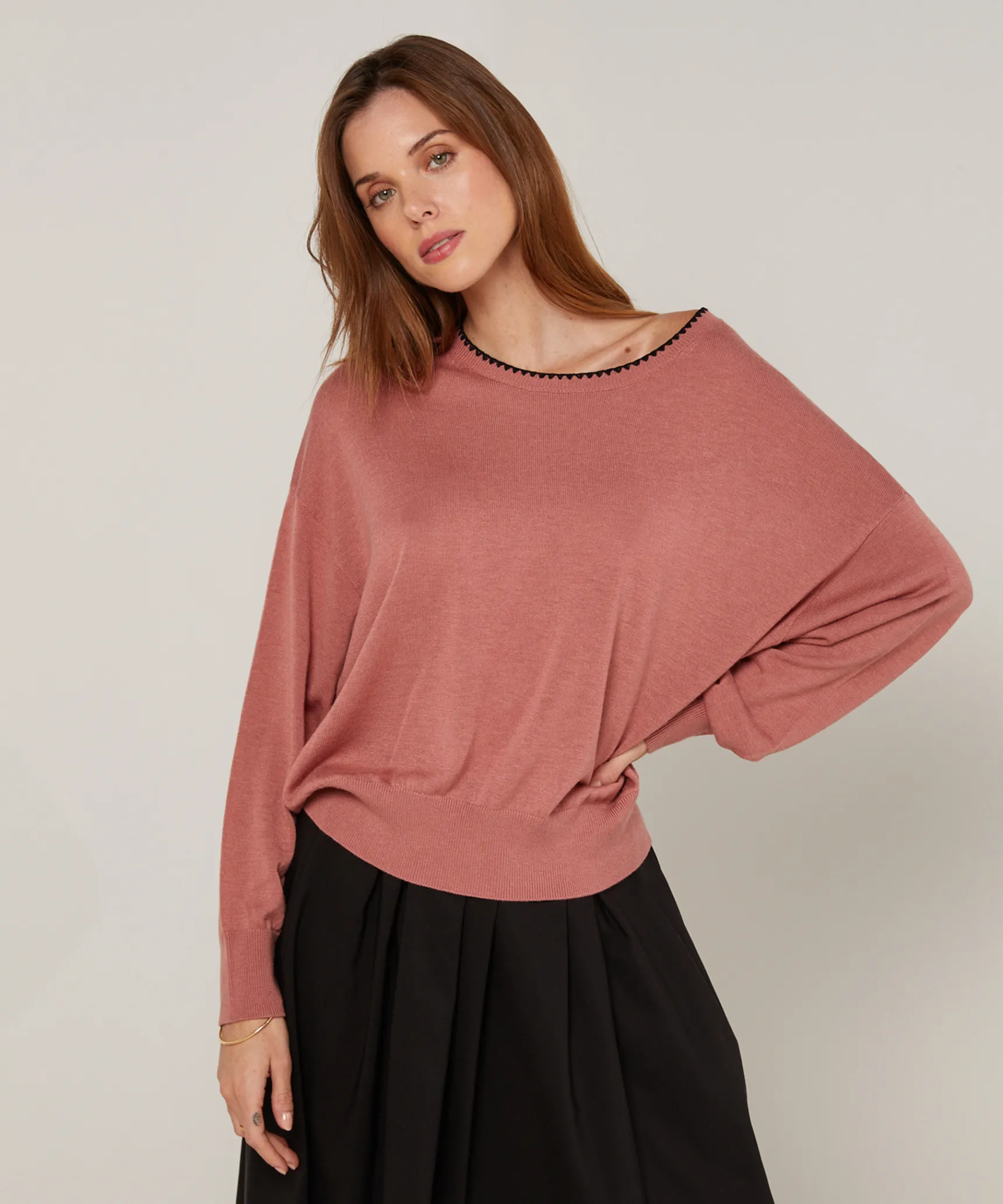 Rodier Pull col rond en maille fine bois de rose