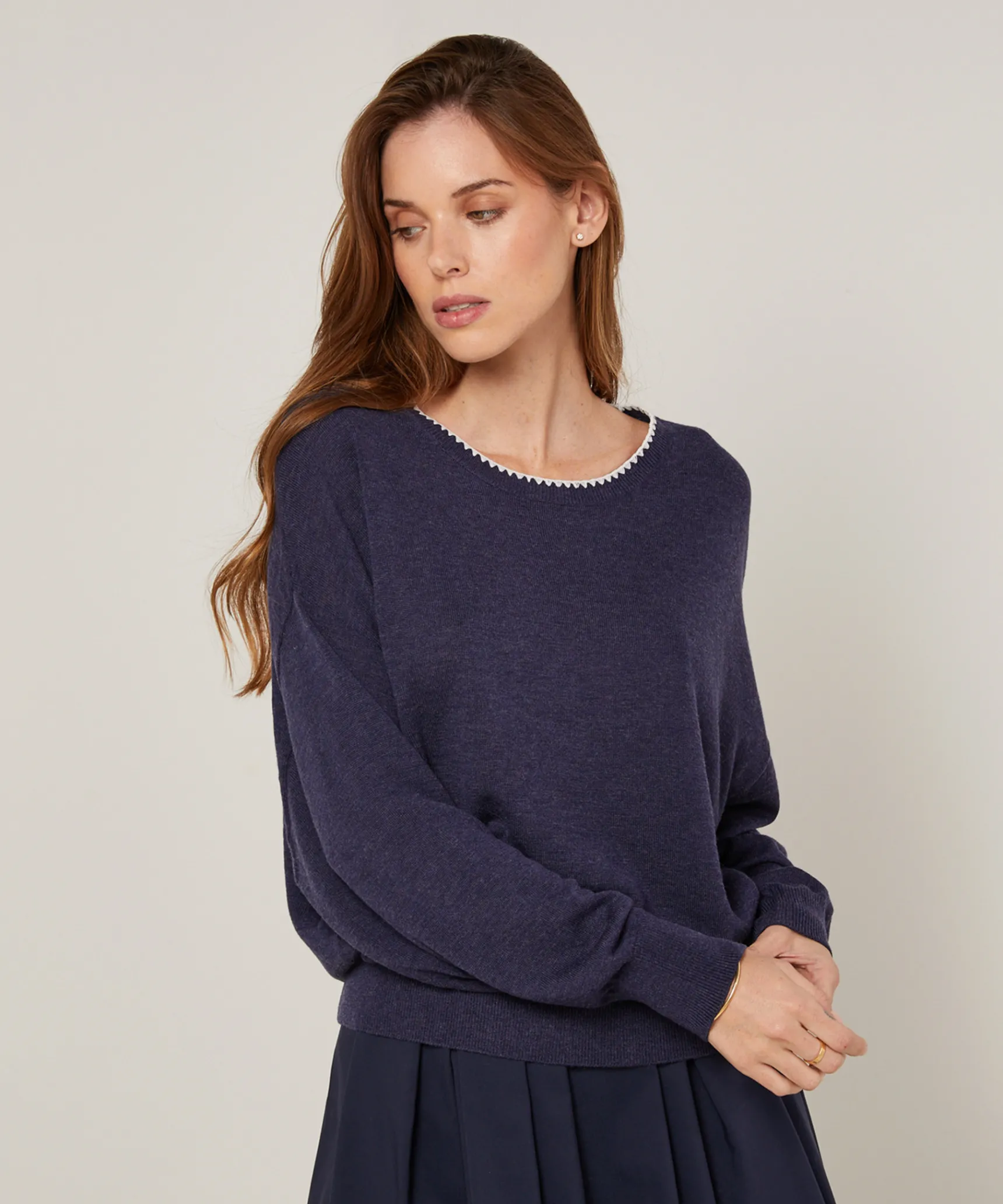 Rodier Pull col rond en maille fine bleu denim