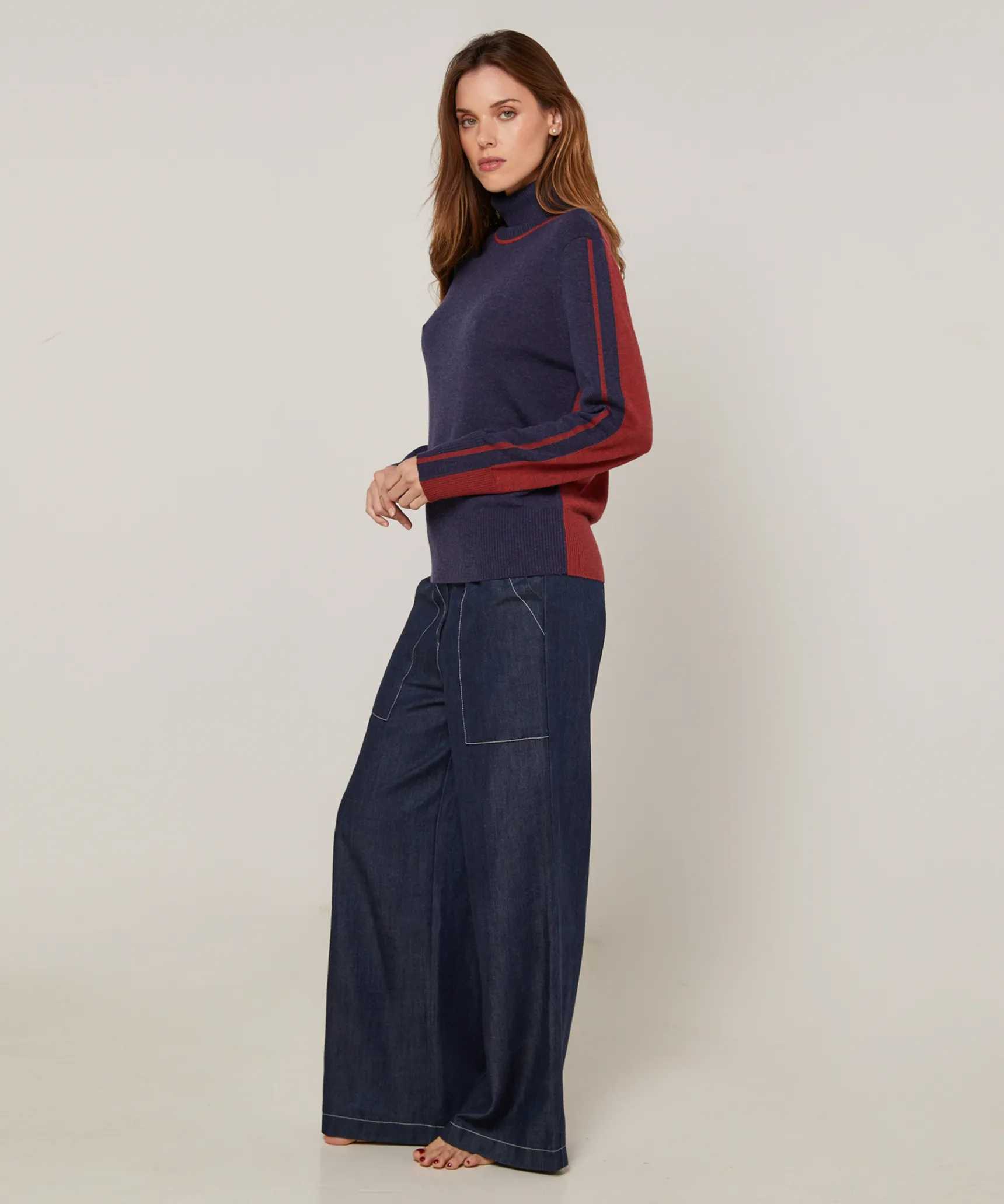 Online Rodier Pull col roulé bicolore bleu denim