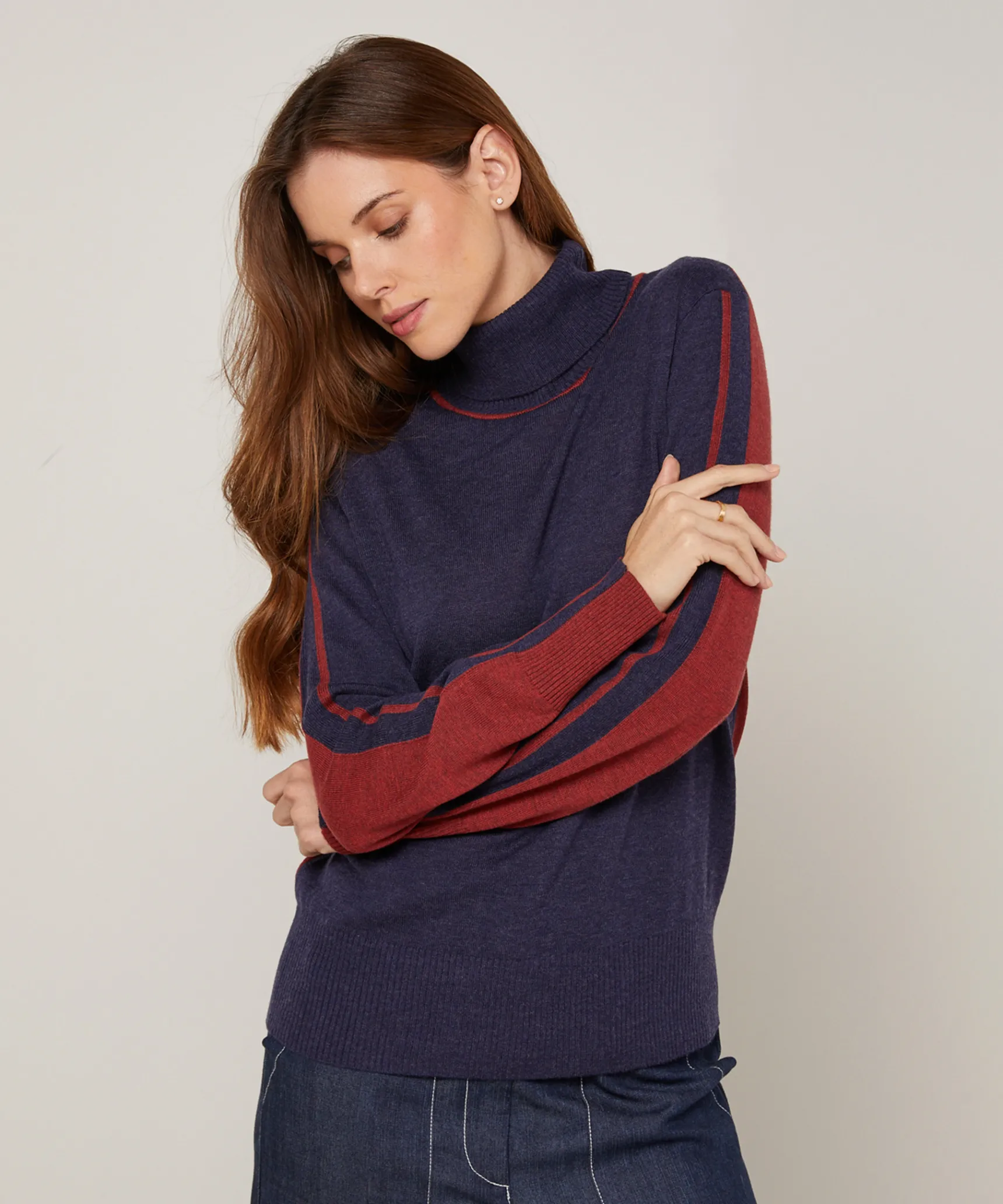 Online Rodier Pull col roulé bicolore bleu denim