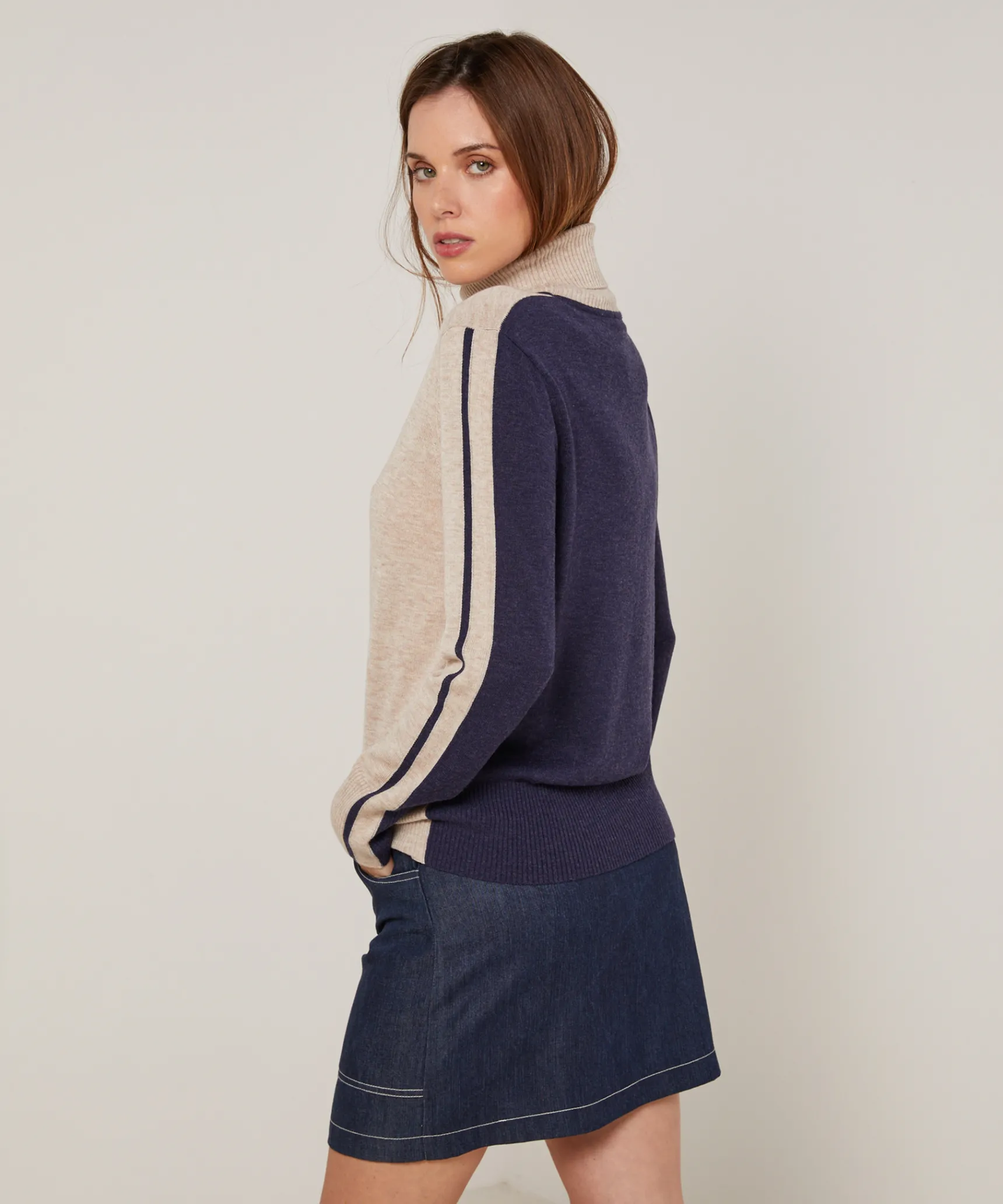 Discount Rodier Pull col roulé bicolore beige