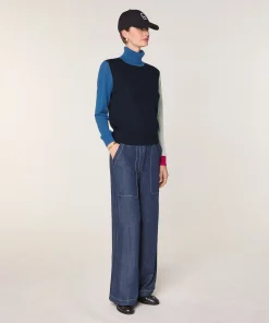 Rodier Pull col roulé color block en laine mérinos bleu marine