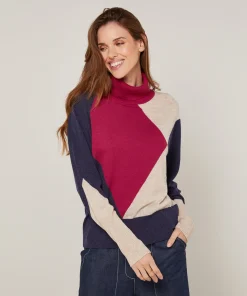 Clearance Rodier Pull col roulé colorblock rouge grenat