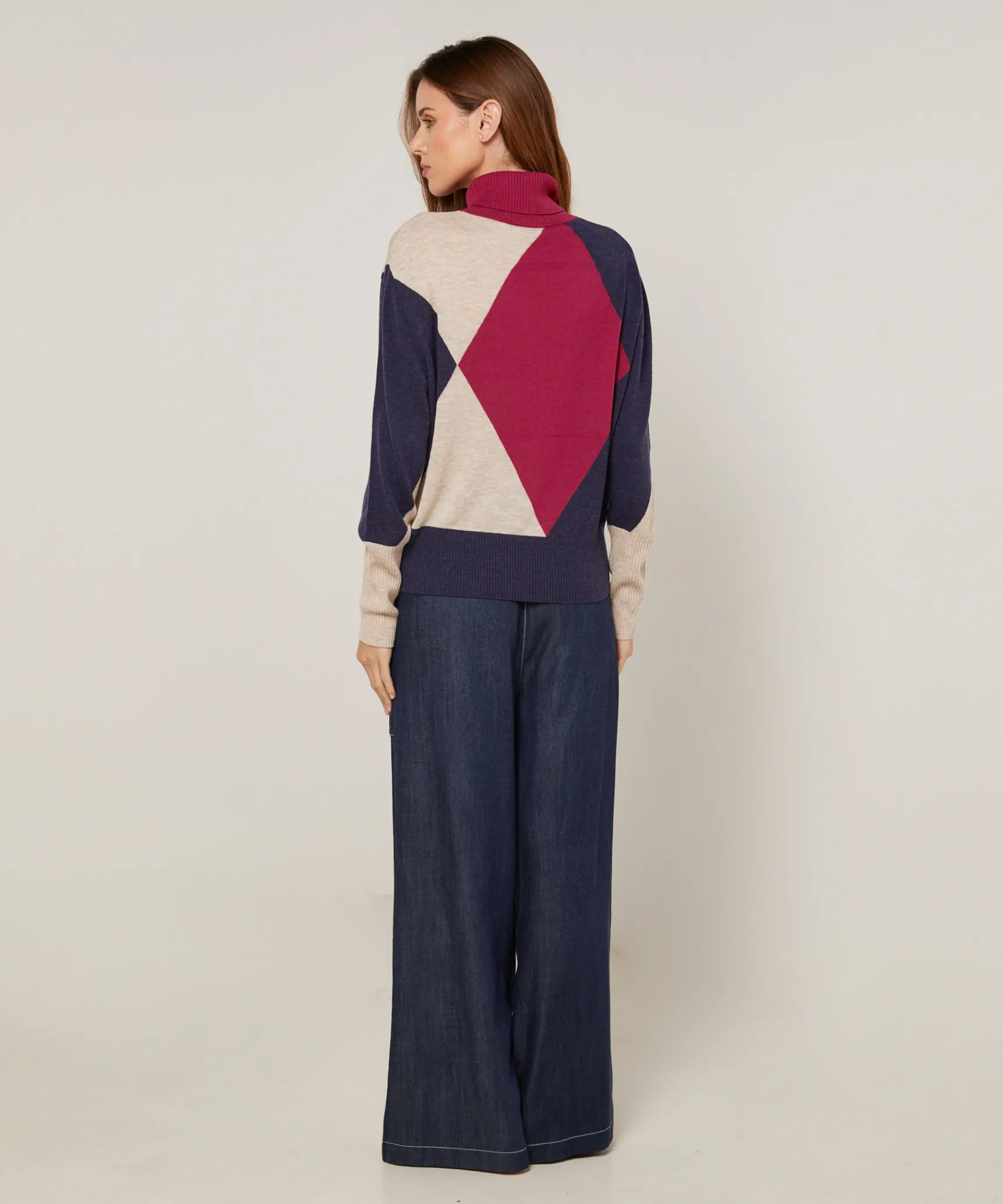 Clearance Rodier Pull col roulé colorblock rouge grenat