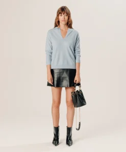New Rodier Pull col tunisien en cachemire bleu ciel