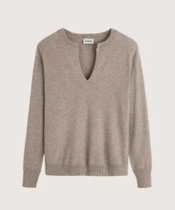 Outlet Rodier Pull col tunisien en cachemire marron taupe