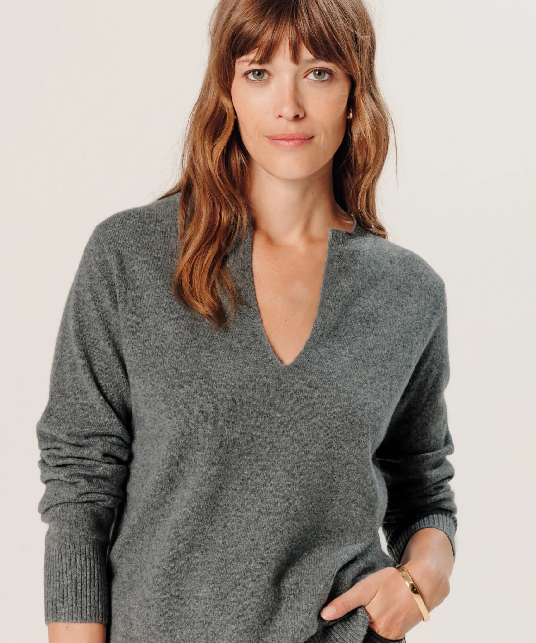 Rodier Pull col tunisien en cachemire gris moyen