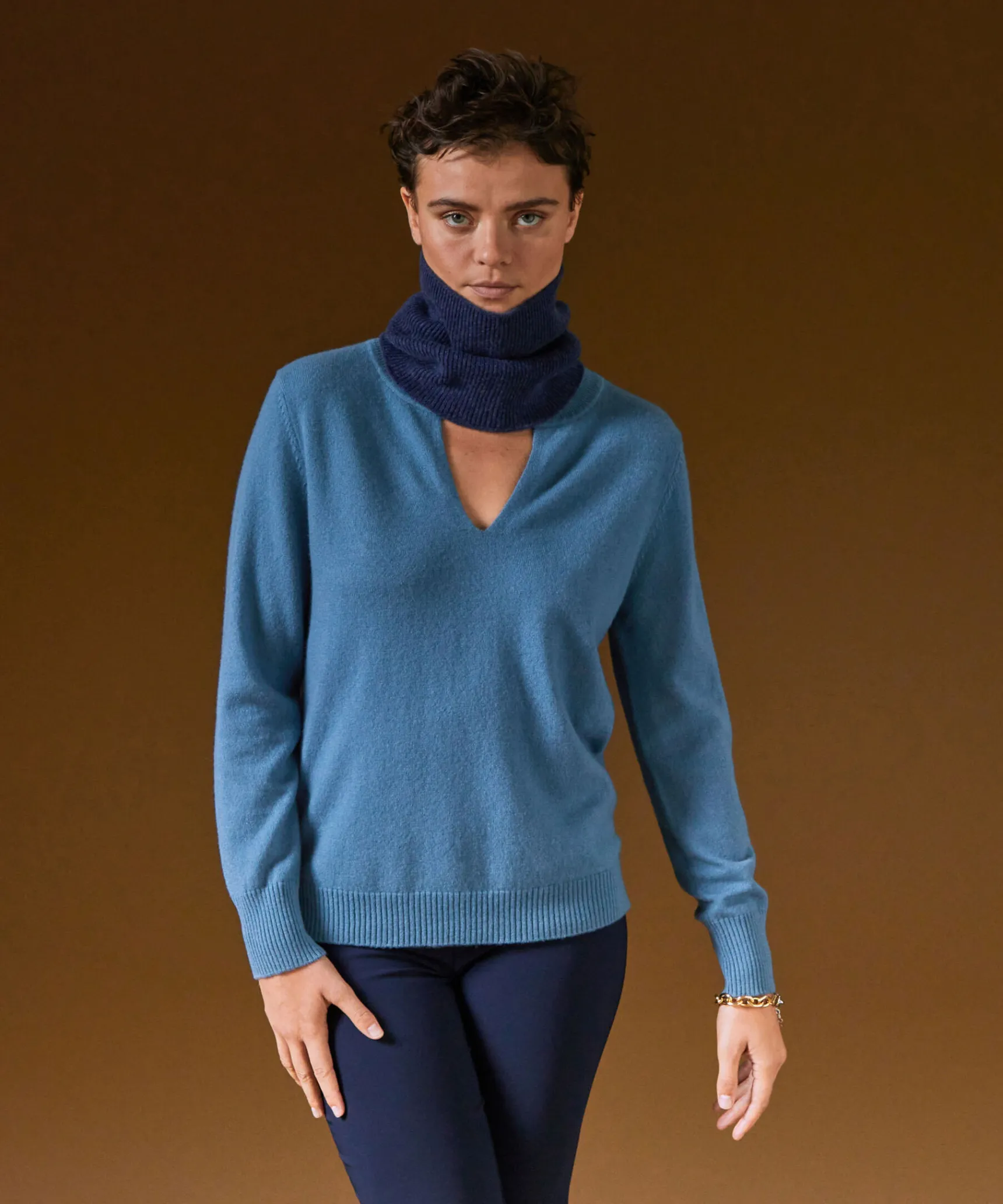 Best Rodier Pull col tunisien en cachemire bleu azur