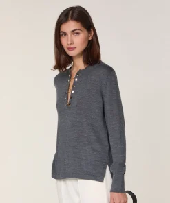 Hot Rodier Pull col tunisien en laine mérinos gris foncé