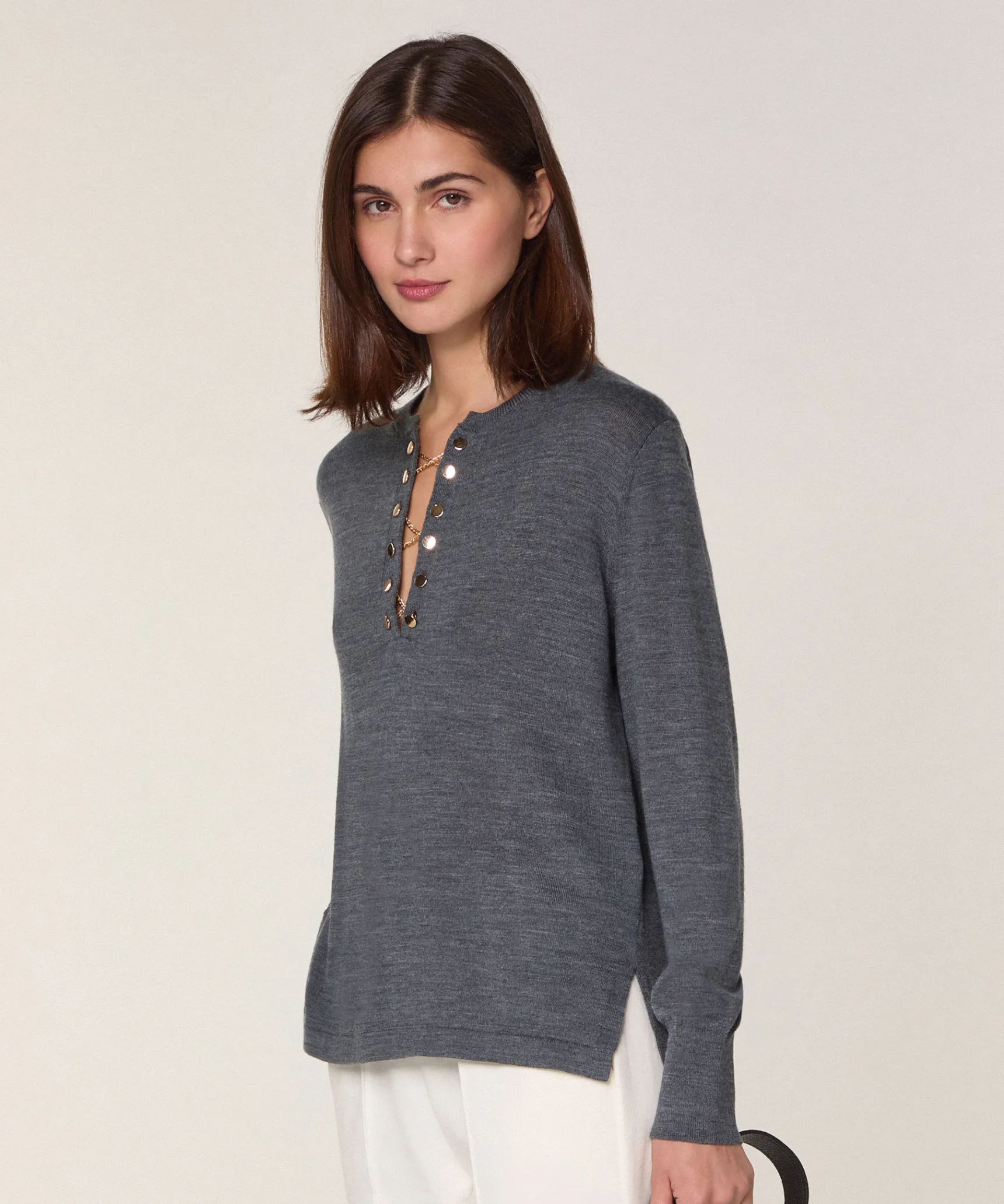 Hot Rodier Pull col tunisien en laine mérinos gris foncé