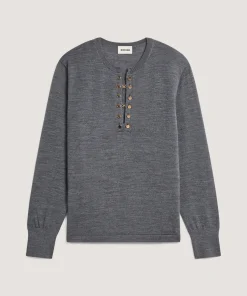 Hot Rodier Pull col tunisien en laine mérinos gris foncé
