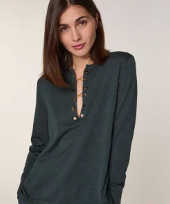 Rodier Pull col tunisien en laine mérinos vert gris