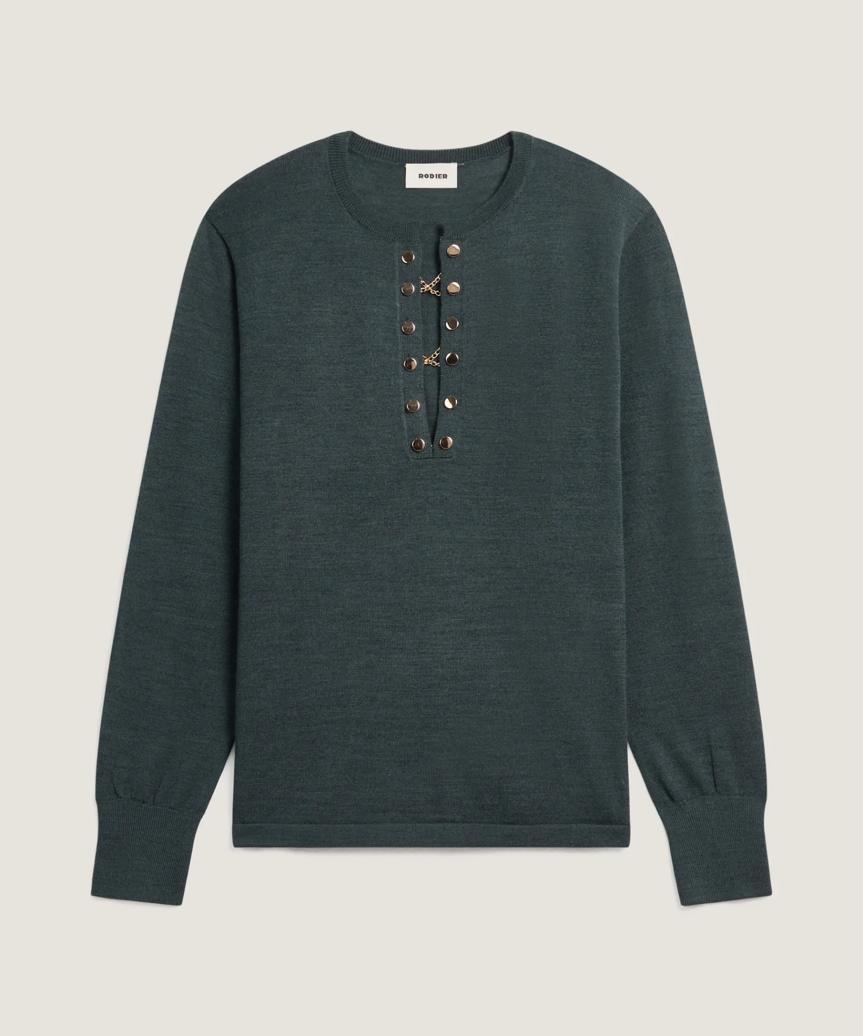 Rodier Pull col tunisien en laine mérinos vert gris