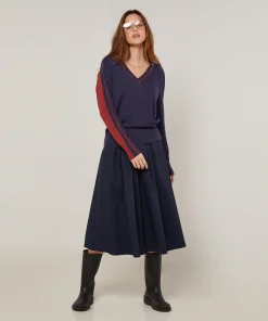 Hot Rodier Pull col V bicolore bleu denim
