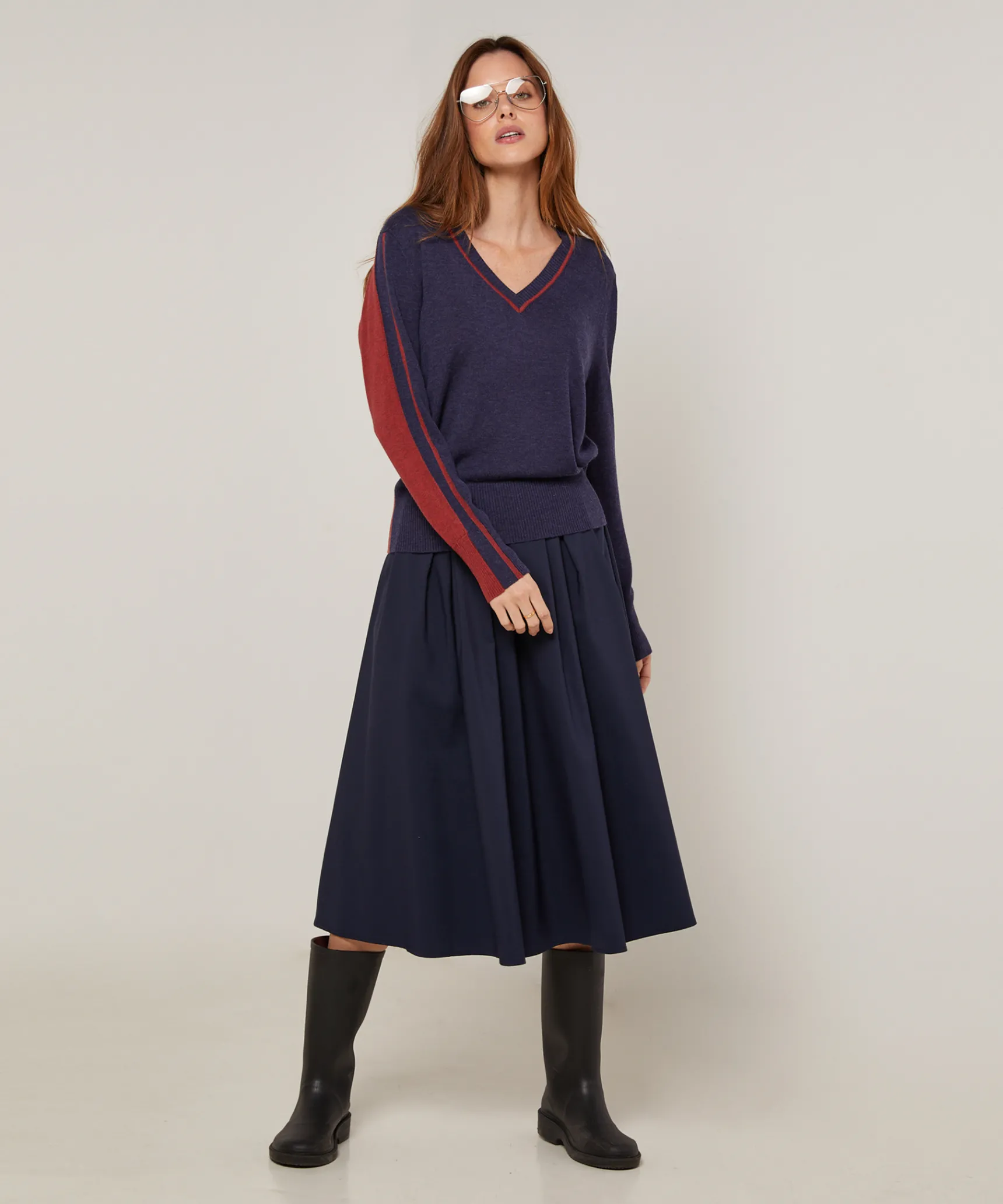 Hot Rodier Pull col V bicolore bleu denim