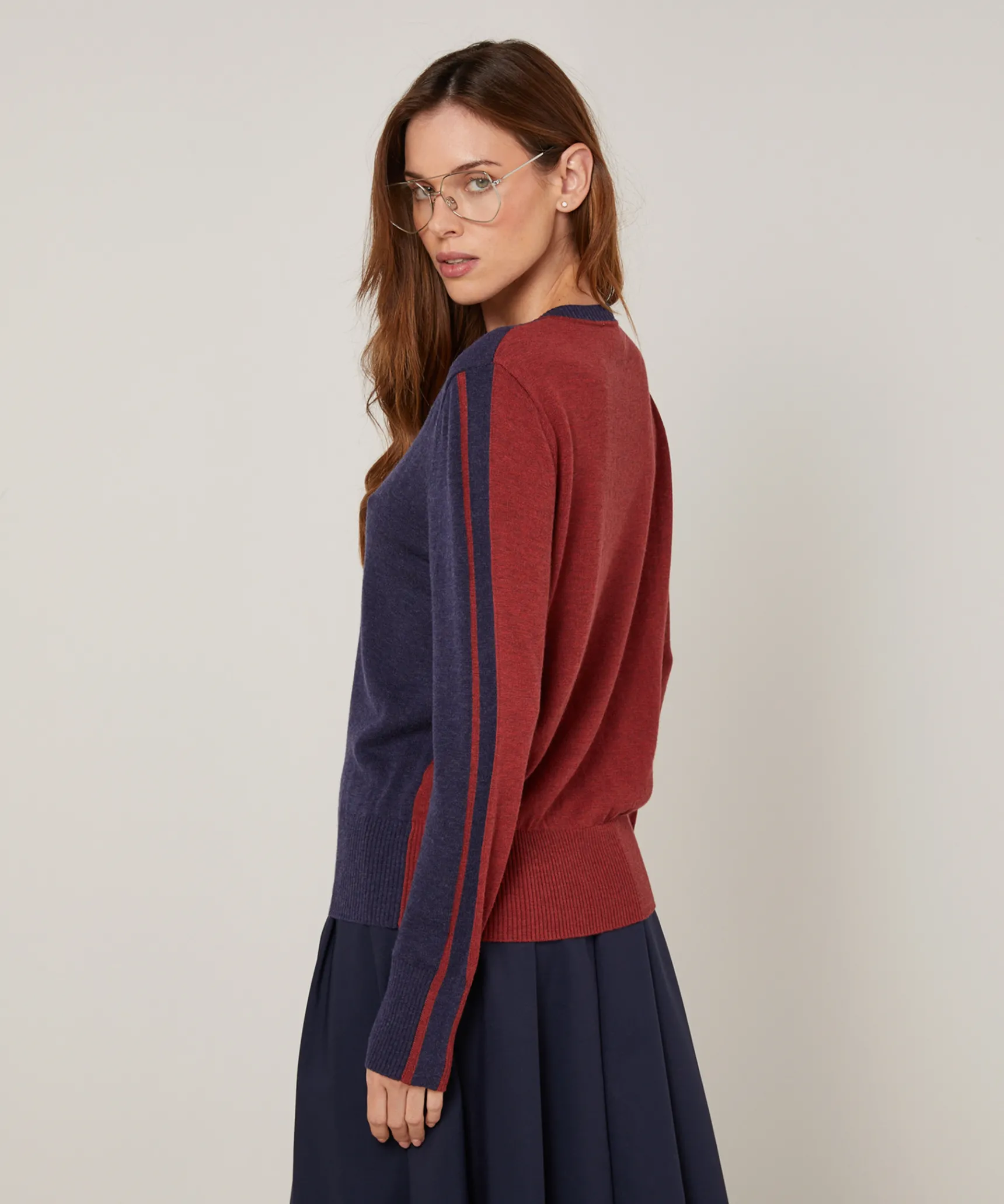 Hot Rodier Pull col V bicolore bleu denim