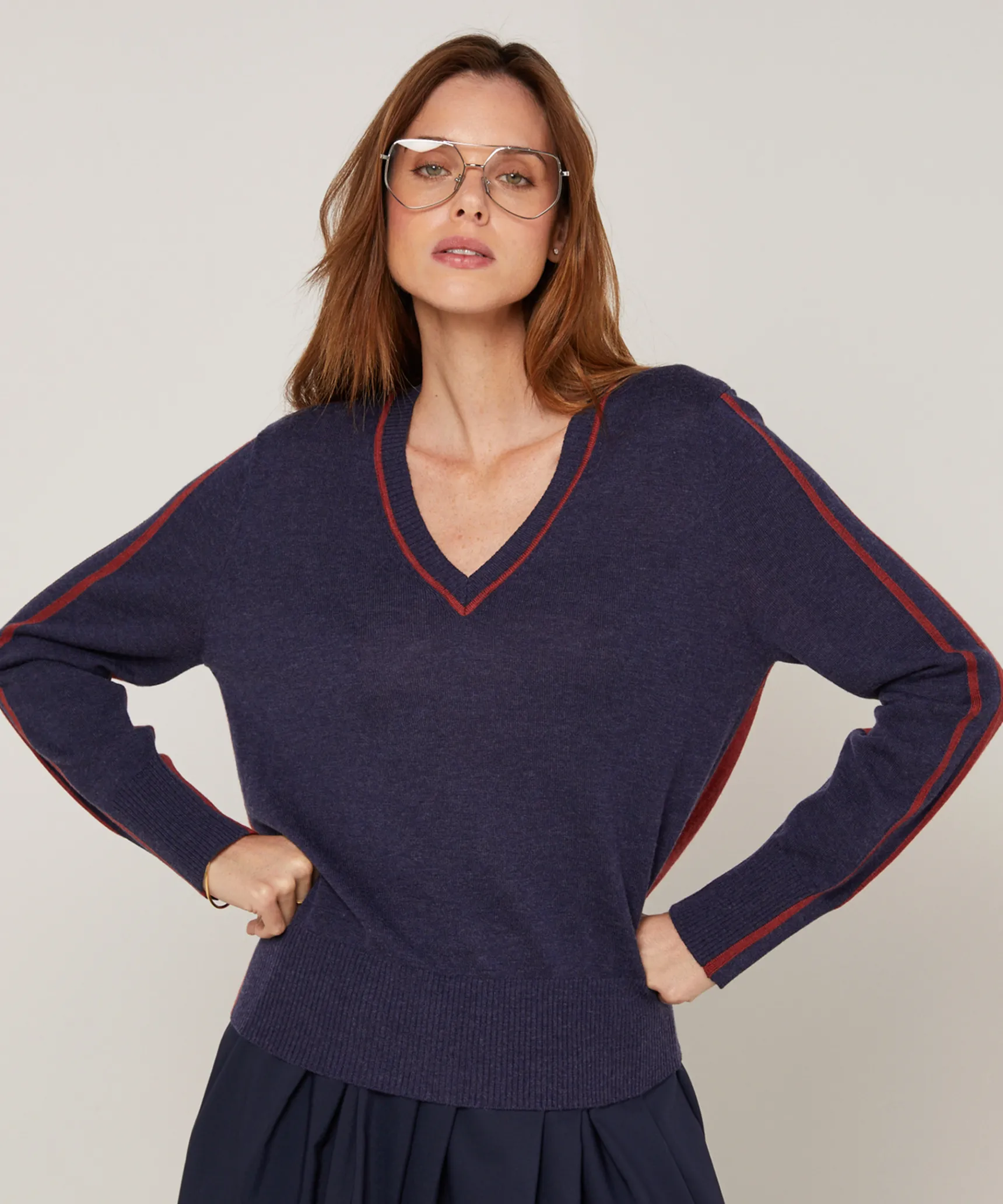 Hot Rodier Pull col V bicolore bleu denim