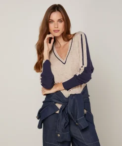 Discount Rodier Pull col V bicolore beige