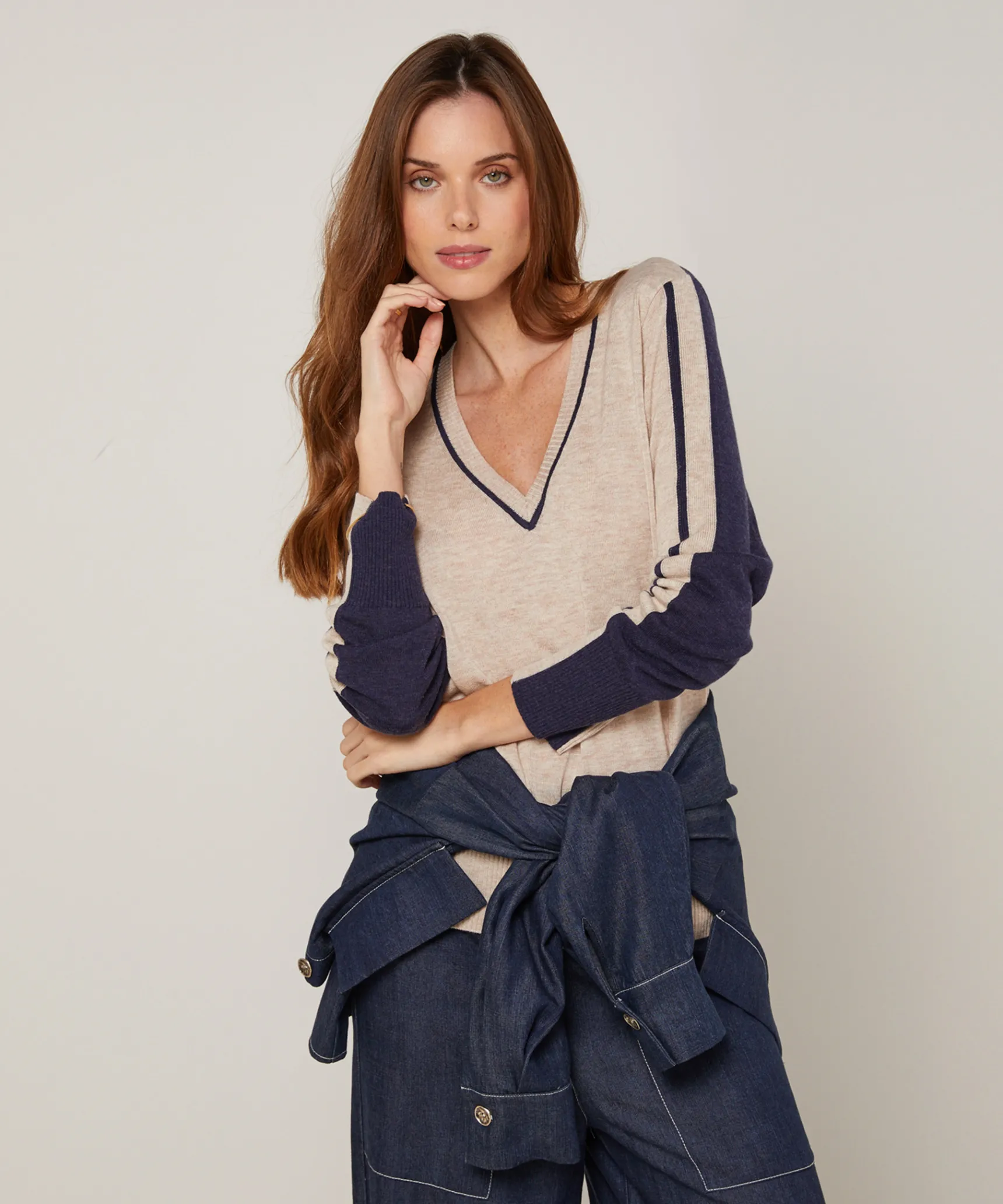 Discount Rodier Pull col V bicolore beige