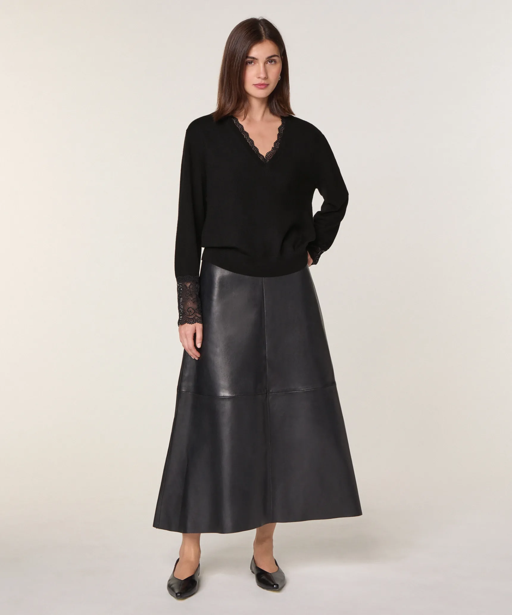 New Rodier Pull col V dentelle en laine noir