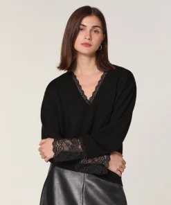 New Rodier Pull col V dentelle en laine noir