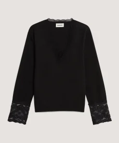 New Rodier Pull col V dentelle en laine noir