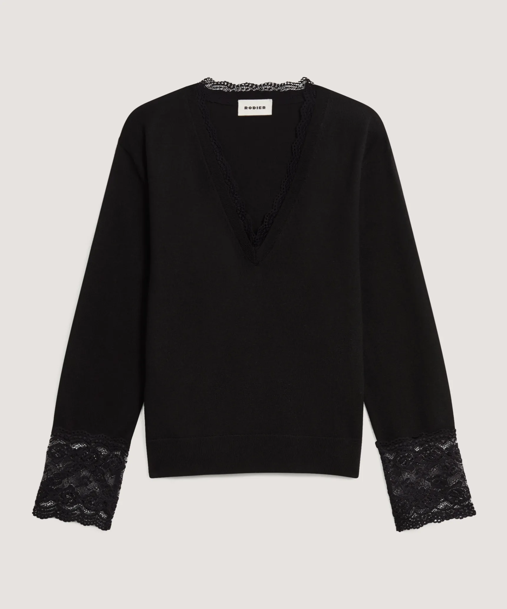 New Rodier Pull col V dentelle en laine noir