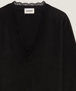 New Rodier Pull col V dentelle en laine noir