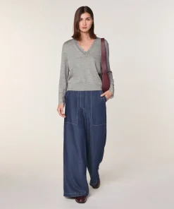Discount Rodier Pull col V dentelle en laine gris foncé