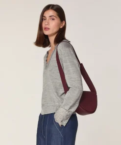 Discount Rodier Pull col V dentelle en laine gris foncé