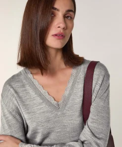 Discount Rodier Pull col V dentelle en laine gris foncé
