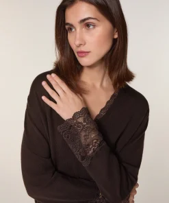 Discount Rodier Pull col V dentelle en laine marron café
