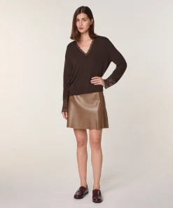 Discount Rodier Pull col V dentelle en laine marron café