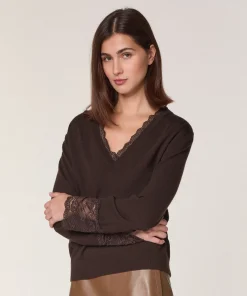 Discount Rodier Pull col V dentelle en laine marron café