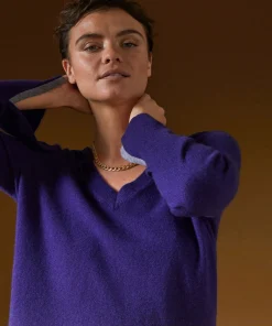 Rodier Pull col V en cachemire violet foncé