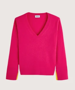 Outlet Rodier Pull col V en cachemire rose tonique