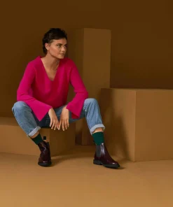 Outlet Rodier Pull col V en cachemire rose tonique