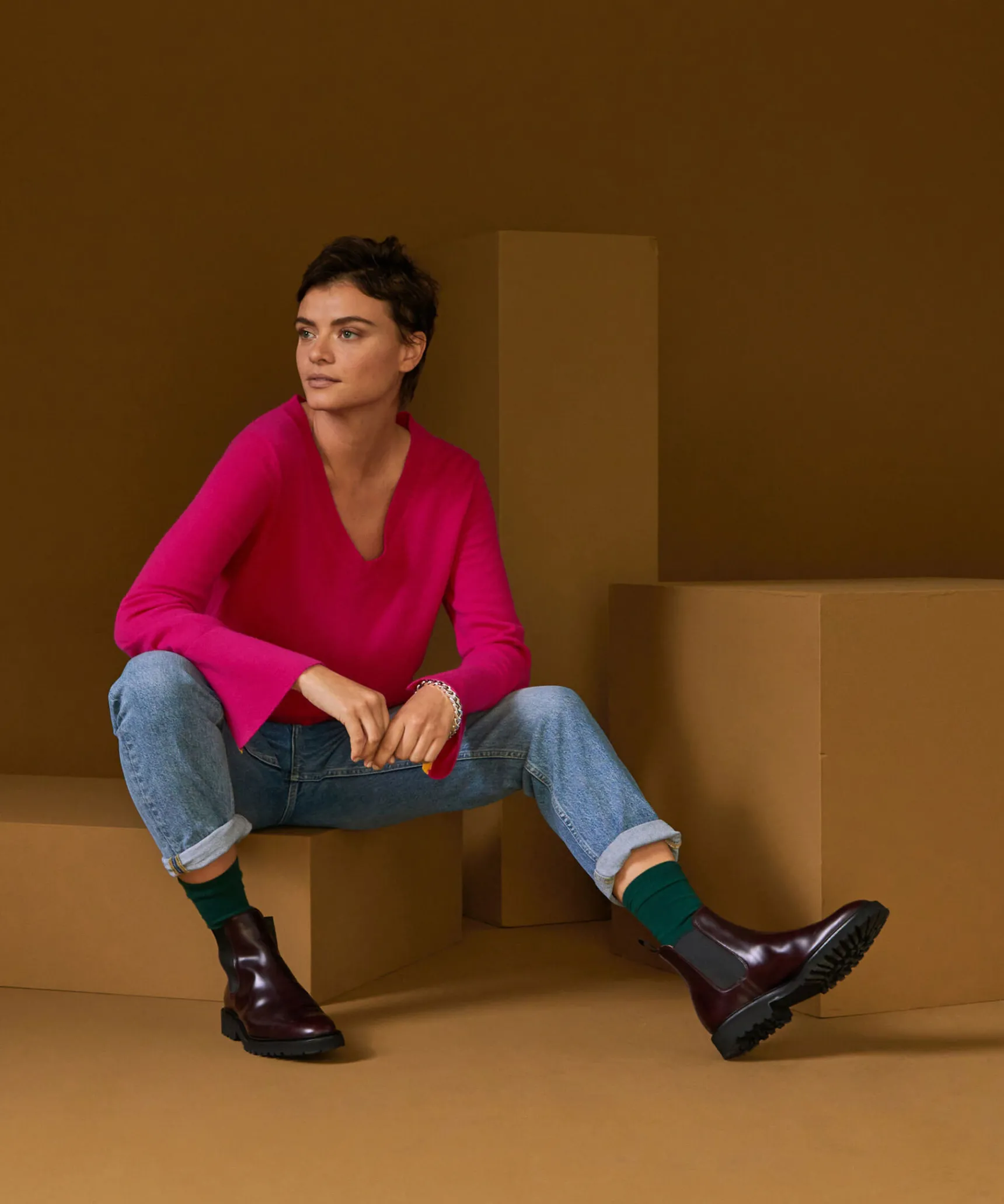 Outlet Rodier Pull col V en cachemire rose tonique