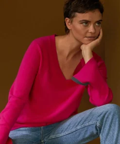 Outlet Rodier Pull col V en cachemire rose tonique