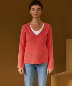 Online Rodier Pull col V en cachemire orange corail