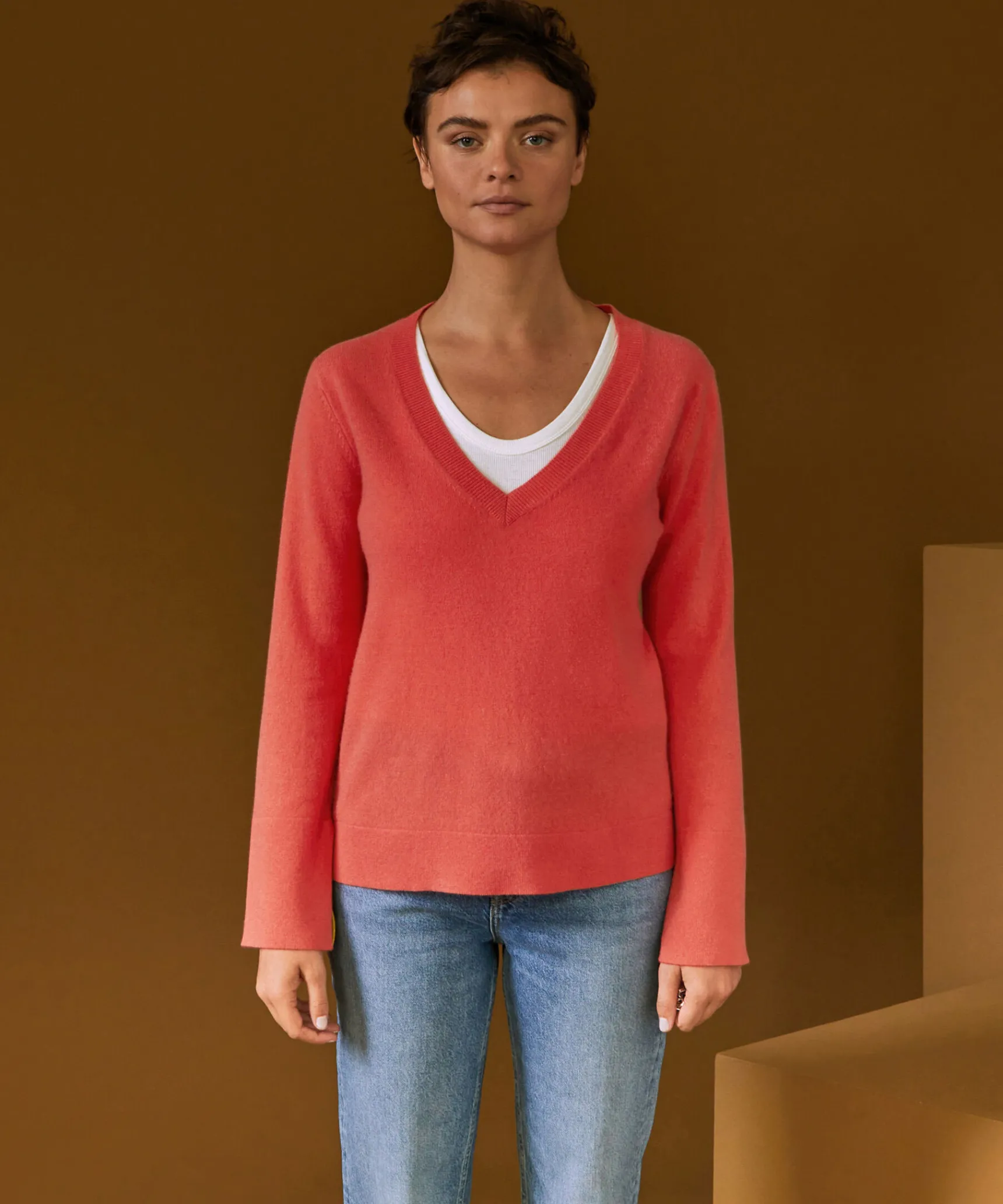 Online Rodier Pull col V en cachemire orange corail
