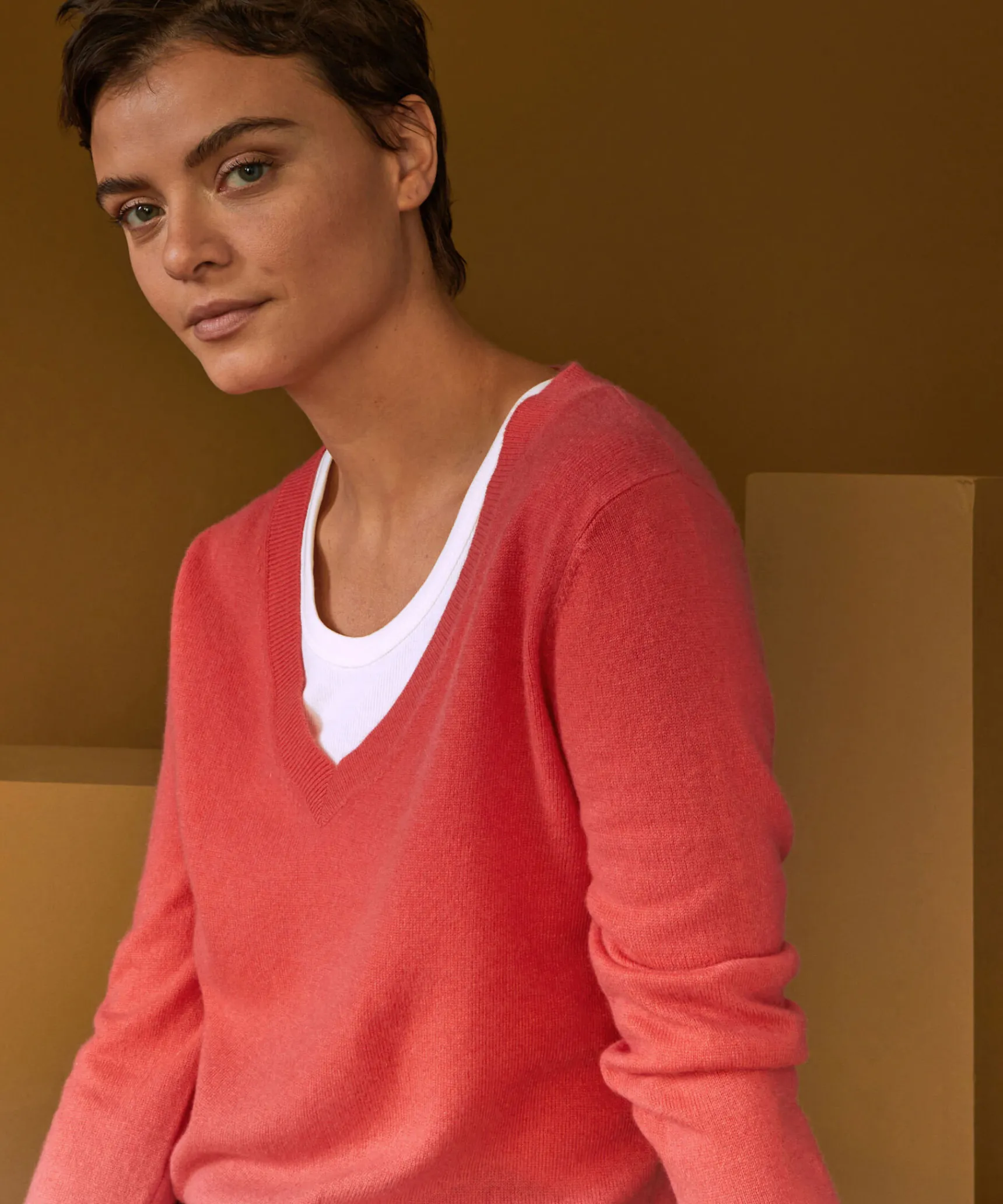 Online Rodier Pull col V en cachemire orange corail