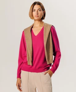 Hot Rodier Pull col V en laine mérinos rose tonique