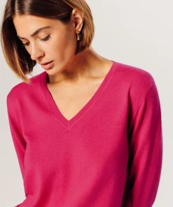 Hot Rodier Pull col V en laine mérinos rose tonique